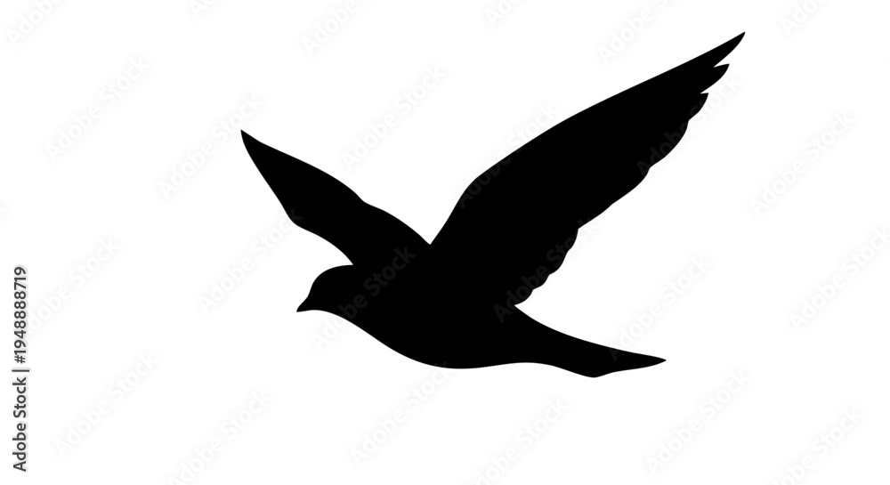 Fototapeta premium Minimalist bird silhouette in flight, black flying pigeon vector icon, soaring dove shape on white background, elegant avian wildlife graphic