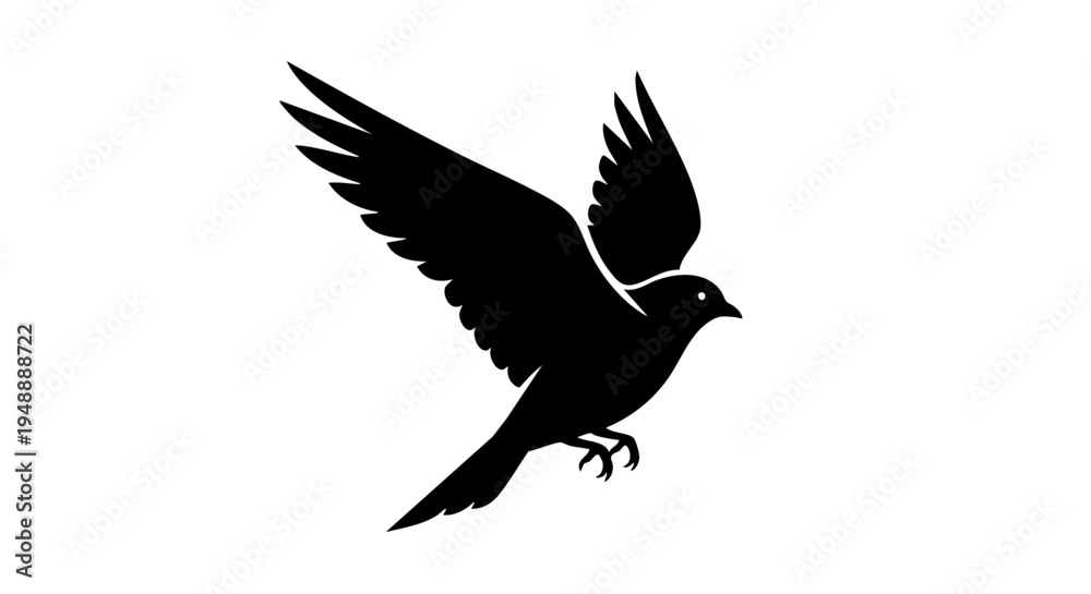 Fototapeta premium Black bird silhouette in flight, flying pigeon vector icon, minimalist sparrow or dove shape, elegant avian wing spread graphic for logo design