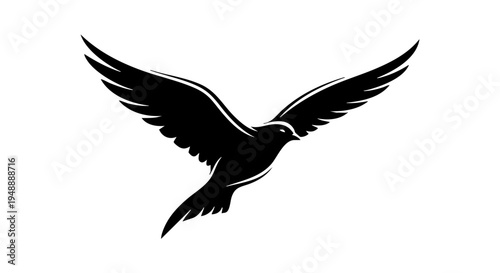 Flying bird silhouette vector, black eagle or hawk soaring with spread wings, elegant dove icon for branding and logo design