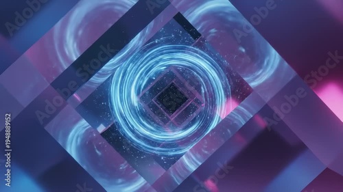 Abstract Sci-Fi Tunnel With Swirling Blue Energy and Pink Geometric Shapes, Futuristic Motion Background