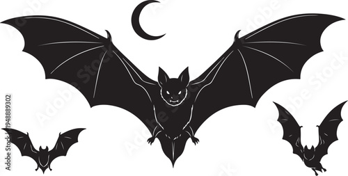 Black bats flying under the crescent moon at night