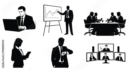 Business silhouettes illustration featuring laptop work, presentation, meeting, tablet use, time management, video conference icons, corporate environment concept and professional workplace design  