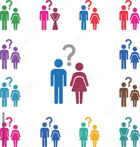 Colorful gender symbols with question marks indicating unknown relationships male female