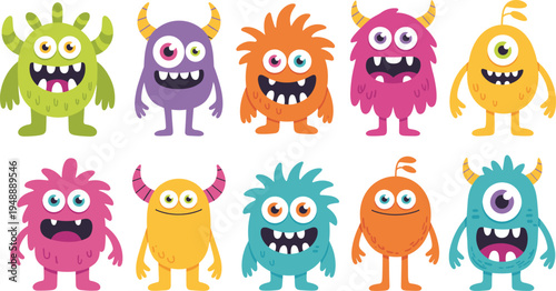 Colorful cartoon monsters with big eyes and wide smiles standing in a row green purple