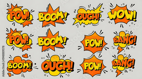 Colourful Comic Book Sound Effect Bubbles with POW BOOM OUCH WOW BANG, Bold Pop Art Style with Halftone Patterns.