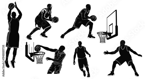 Basketball silhouettes illustration featuring players shooting, passing, dribbling, dunking, defending, dynamic sports artwork and athletic performance design collection