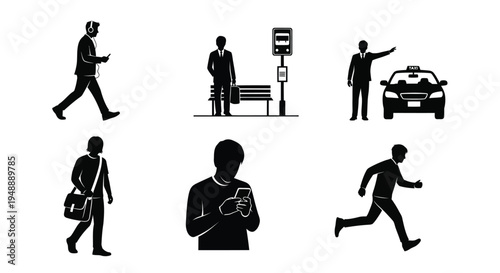 Urban lifestyle silhouettes illustration featuring walking with briefcase, bus stop, taxi hailing, shoulder bag, mobile phone, running, city commuting artwork and everyday activity design collection