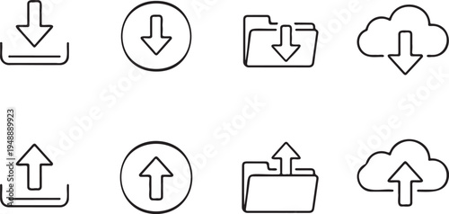 download upload cloud storage icon symbols set, cloud computing transfer arrows collection, data cloud storage interface icons
