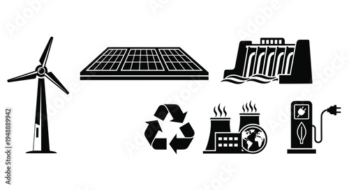 Energy and sustainability silhouettes illustration featuring wind turbine, solar panel, hydroelectric dam, recycling symbol, power plant, electric vehicle charging station, renewable energy artwork an