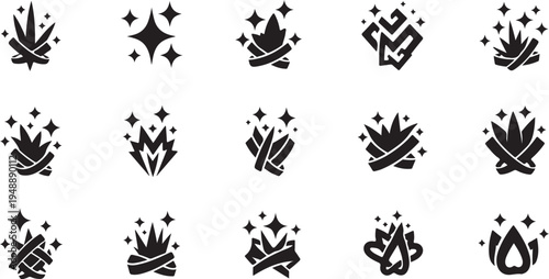 Collection of black magic symbols and sparkles on white