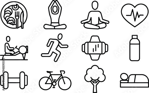 Health and fitness line icons collection sport and active lifestyle symbols transparent background