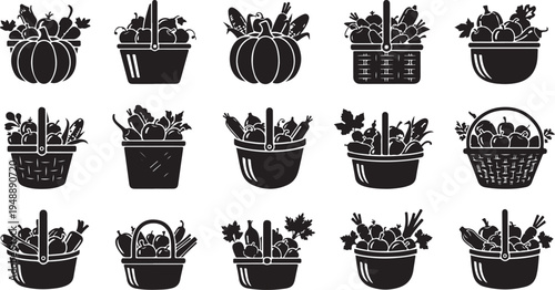 Black and white vegetable basket icons collection