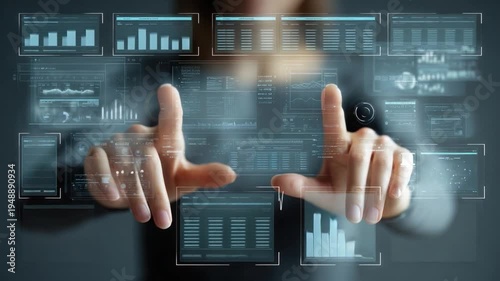 Innovative Interface: A visionary concept, featuring a person interacting with an advanced, see-through interface. This futuristic image symbolizes technology and data analysis.