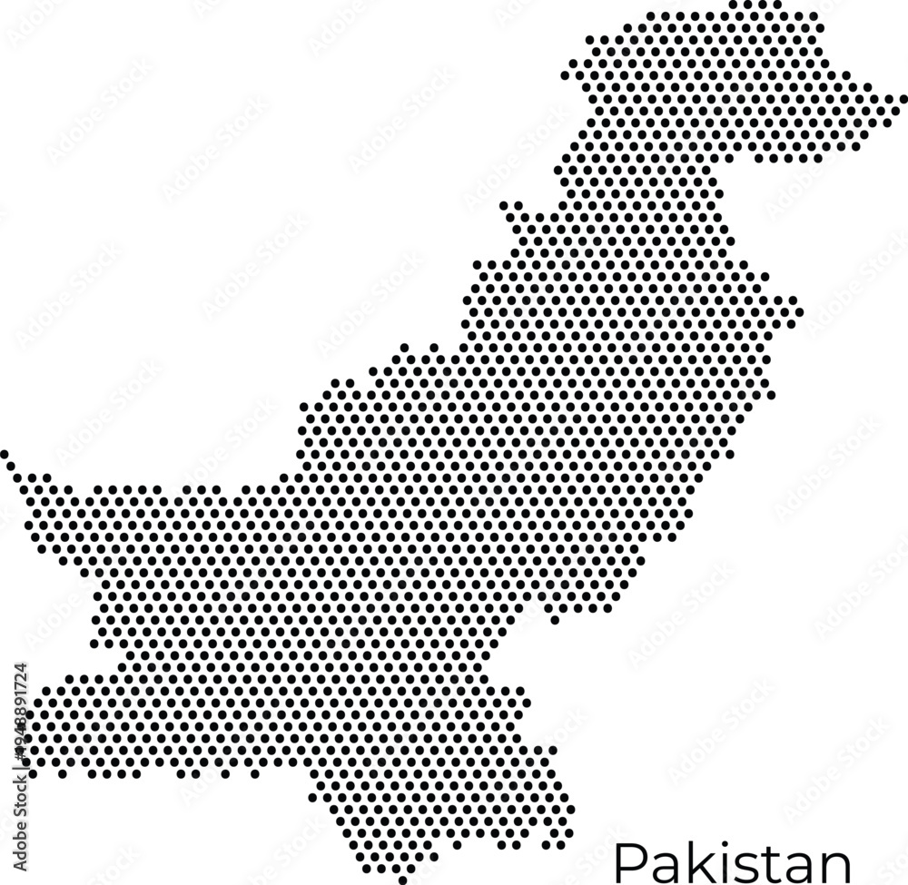 Obraz premium Minimalist Pakistan dotted map vector with a clean circle pattern. Ideal for travel industry designs, professional infographics, and modern technology-themed business presentations.