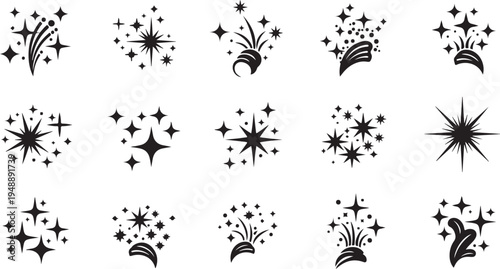 Collection of black starburst and sparkler graphic icons set