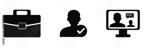 A collection of business icons depicting a briefcase person and video conference all in silhouette high quality professional detailed modern elegant