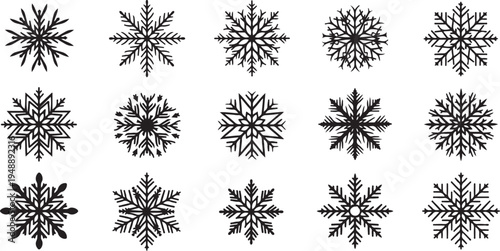 Black Snowflakes on White Background Winter Design Elements