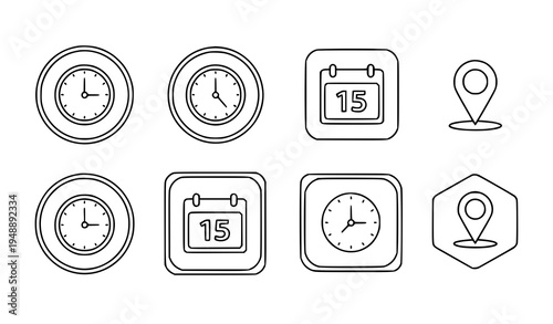 Linear Time Date and Location Icons with Clock Calendar and Map Pin Vector Set