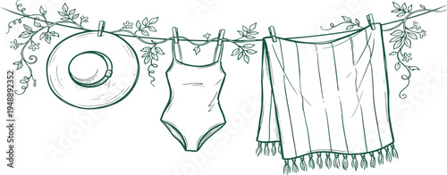 Summer beach accessories dried on a rope. Straw hat, woman one piece swimsuit and blanket hanged wet with clothespins. Summer theme vector illustration in ink doodle hand drawn line art style
