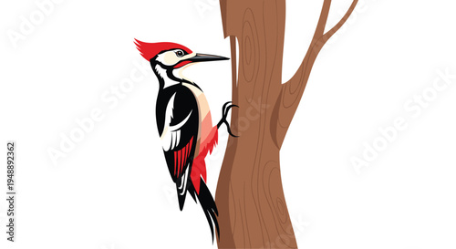 Striking woodpecker, adorned with vibrant red and black plumage, actively pecking at a sturdy tree trunk, diligently searching for hidden insects.
