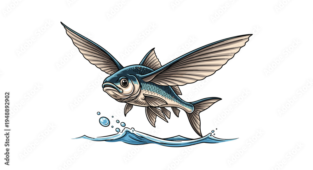 Obraz premium Dynamic flying fish leaping gracefully out of ocean water, with its large pectoral fins extended like wings, showcasing incredible aerial glide.