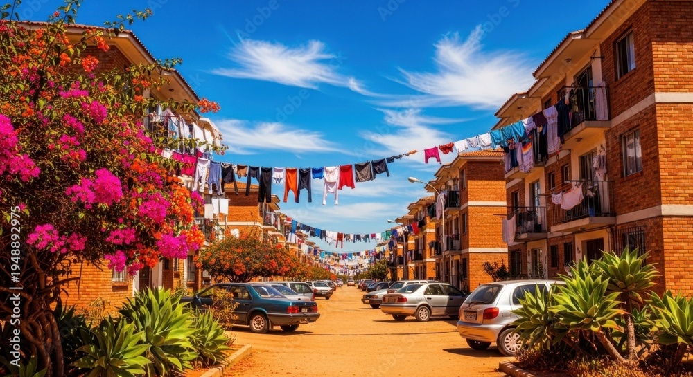 Fototapeta premium Vibrant street scene with clotheslines strung between residential buildings under a bright blue sky