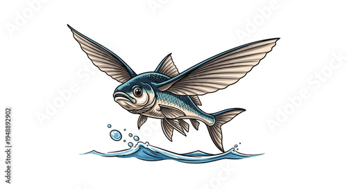 Dynamic flying fish leaping gracefully out of ocean water, with its large pectoral fins extended like wings, showcasing incredible aerial glide.