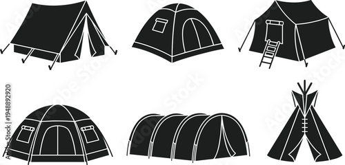 Camping tent icons collection featuring outdoor shelter dome tent safari tent tunnel tent and teepee for adventure travel and camping equipment design