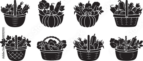 Black and white baskets of vegetables and fruits