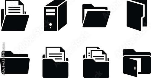 File folder and document management icon set with archive storage computer file symbols minimalist black silhouette office organization collection