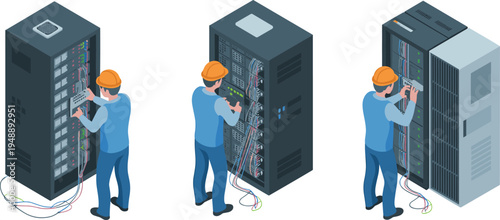 Isometric, data, center, server, technician, engineer, maintenance, networking, hardware, cables, rack, technology, IT, infrastructure, support, system, illustration, datacenter, installation, repair