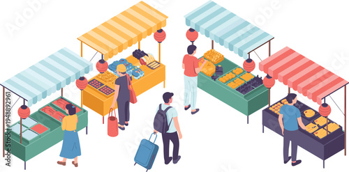 Isometric, farmers, market, stalls, fresh, fruits, vegetables, vendors, shoppers, local, produce, grocery, outdoor, marketplace, organic, shopping, street, illustration, community, food