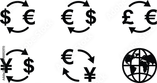 Global currency exchange icons with dollar euro pound yen symbols and circular arrows representing international finance conversion and worldwide money transfer