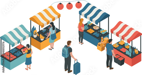 Isometric, farmers, market, street, stalls, fresh, produce, vegetables, fruits, vendors, shoppers, local, food, outdoor, grocery, organic, illustration, shopping, marketplace, lifestyle