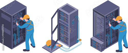 Isometric, server, technician, data, center, maintenance, networking, hardware, cables, rack, technology, IT, infrastructure, engineer, support, system, datacenter, illustration, installation, repair