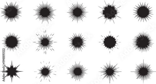 Collection of black explosion burst icons on white background