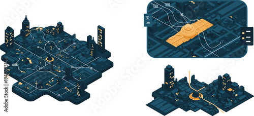 Isometric, smart, city, navigation, digital, map, GPS, technology, urban, infrastructure, network, transportation, data, connectivity, futuristic, planning, system, illustration, smartcity, mobility