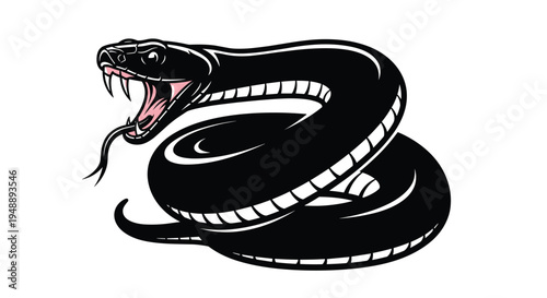Fierce black snake coiled menacingly with fangs exposed and tongue flicking, ready to strike, embodying raw power and imminent danger.