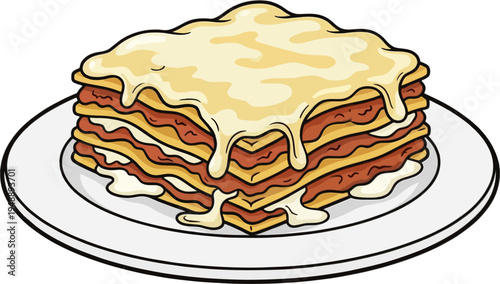 Cartoon Lasagna Slice Smothered in White Bechamel Sauce on Plate — Italian Comfort Food Layered Pasta Vector Illustration Clipart Isolated on White Background