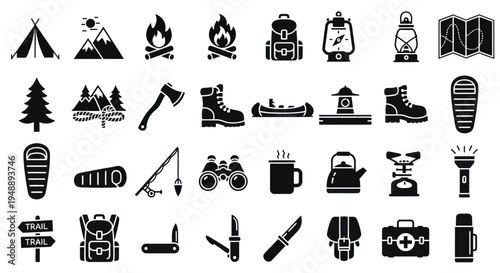 Camping and Hiking Outdoor Adventure Glyph Icons Set - Gear and Equipment Collection