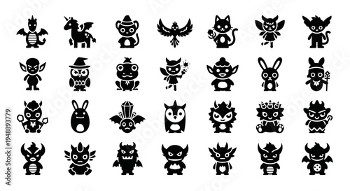 Fantasy Gaming Monsters Cartoon Black Glyph Icons Collection