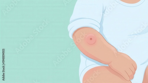 Graphic illustration of a baby's arm with an insect bite or skin reaction. Concept of pediatric medicine, tick bite, allergy, or vaccine Mantoux test on infant skin. Copy space.