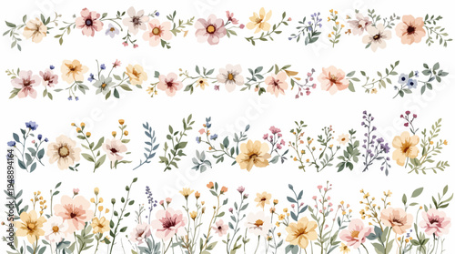 Hand-painted flower garlands with delicate petals and natural organic movement