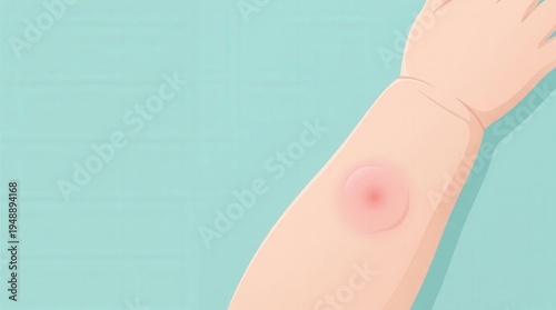 Graphic illustration of a mosquito bite on a baby's arm with red swelling. Concept of pediatric skin care, insect bite allergy, and summer health protection for infants. Copy space for text.