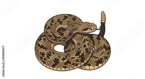 Potent rattlesnake coiled in a defensive posture, featuring its iconic rattle and intricate scale patterns, poised for striking action.