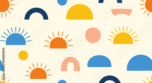 Flat Vector Abstract Summer Sunrise Geometric Shapes Seamless Pattern Background