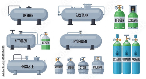 Collection of Industrial Gas Tanks and Cylinders Illustration.