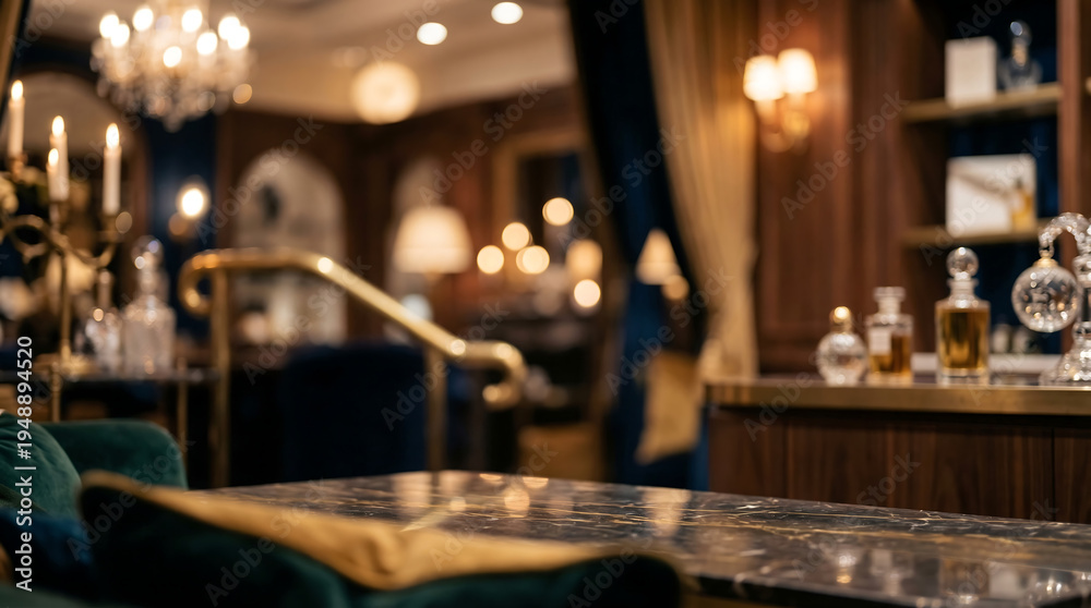 Obraz premium Luxury marble background in blurred lounge with warm ambient lighting focus