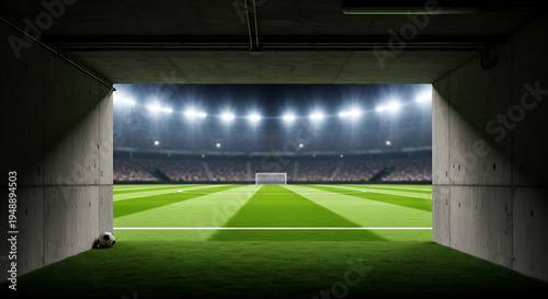 A soccer stadium tunnel leading to a green field