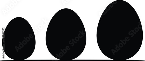 Set of 3 black egg silhouettes vector illustration, showing different sizes from small to large, ideal for growth, comparison, or abstract concepts.